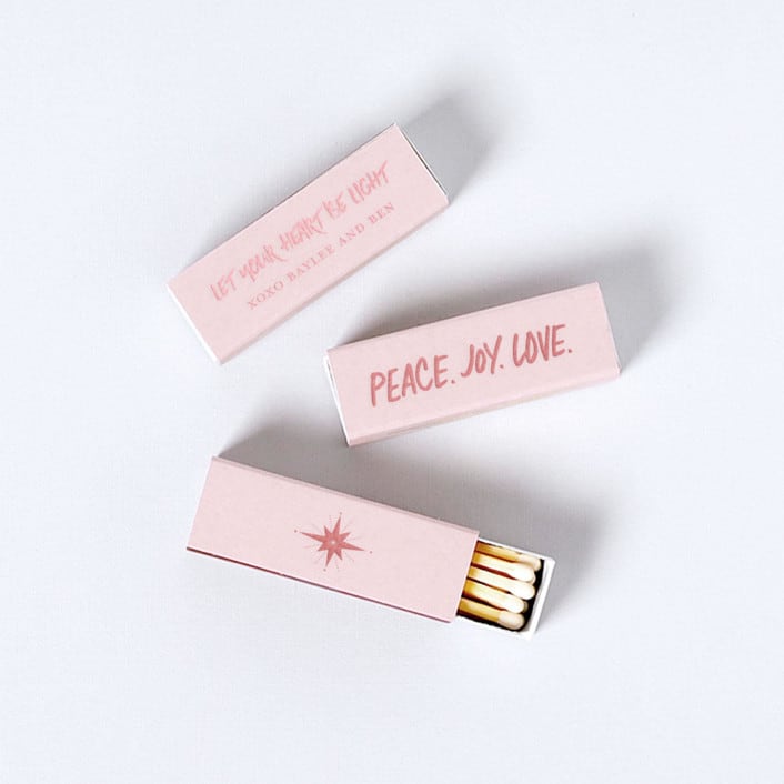 "Custom Peace. Joy. Love. Matchboxes, set of 100" - Party Matches and Matchbooks in pink by ForYourParty