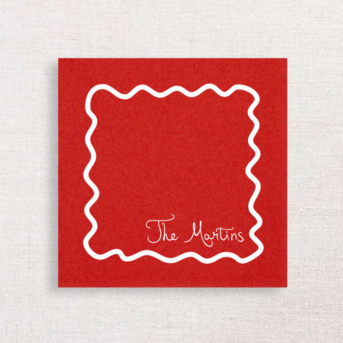 "Personalized Holiday Wavy Border Premium Cocktail Napkins" - Party Napkins in red by Papel Custom Design