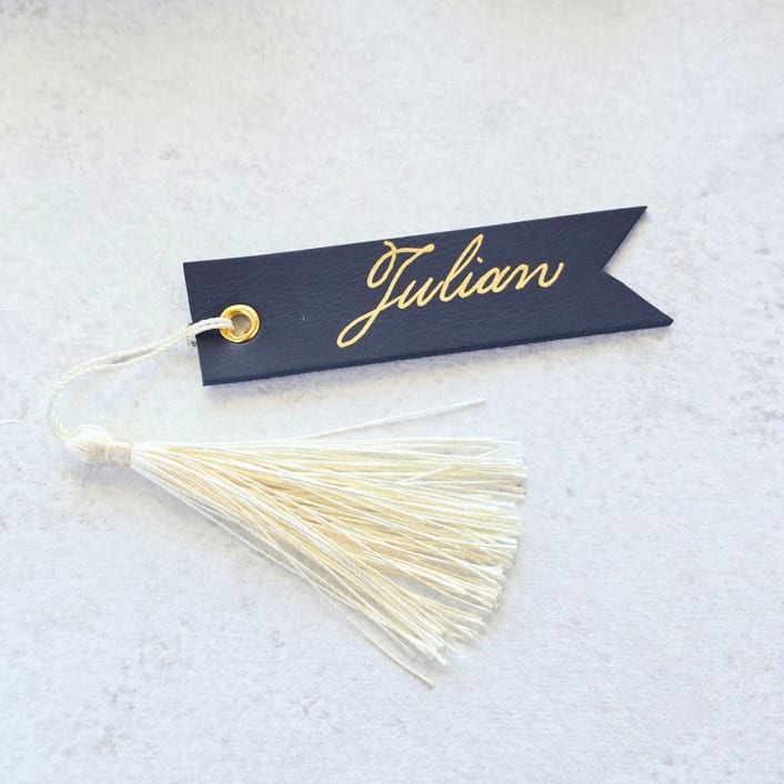 "Faux Leather Tag with Tassel-  Personalized - Set of 10" - Party Place Cards in blue by Inkspiringletters