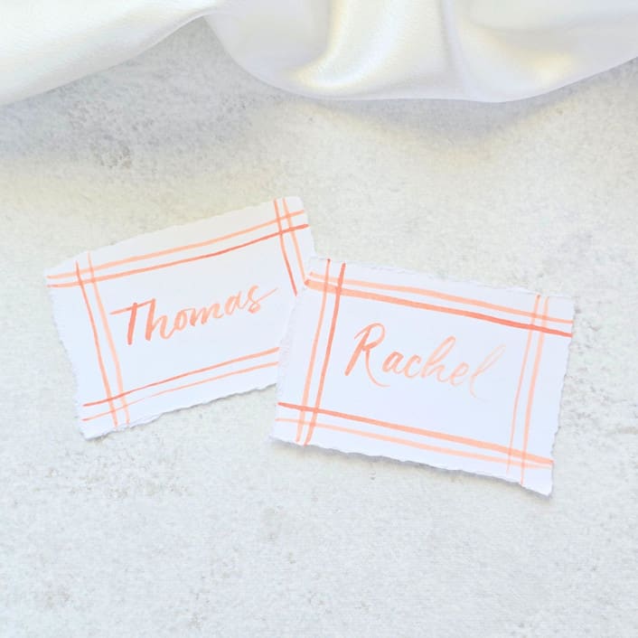 "Watercolor Orange Plaid Place Cards- Personalized with Hand-Lettering- Set of 10" - Party Place Cards in orange by Inkspiringletters