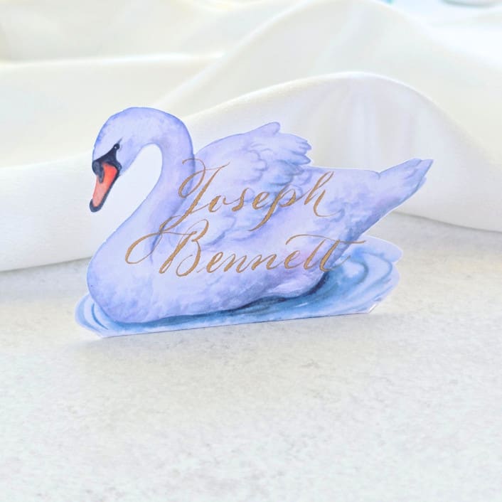 "Folded Watercolor Swan Place Card- Personalized with Calligraphy- Set of 10" - Party Place Cards in white by Inkspiringletters