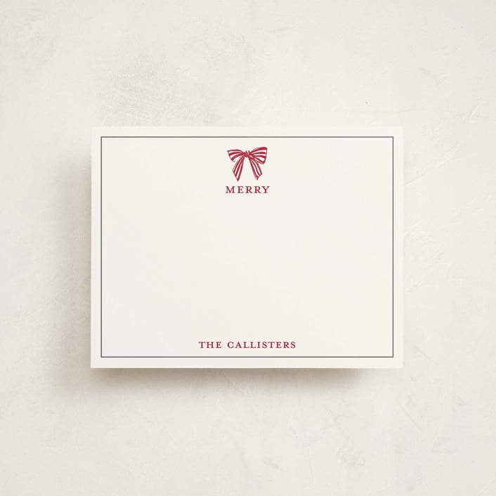 "Stamped with a Bow" - Personalized Stationery Cards in Candy Cane by Mere Paper - Front