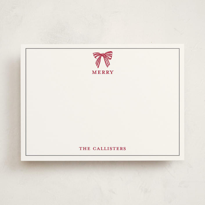 "Stamped with a Bow" - Personalized Stationery Cards in Candy Cane by Mere Paper - Front