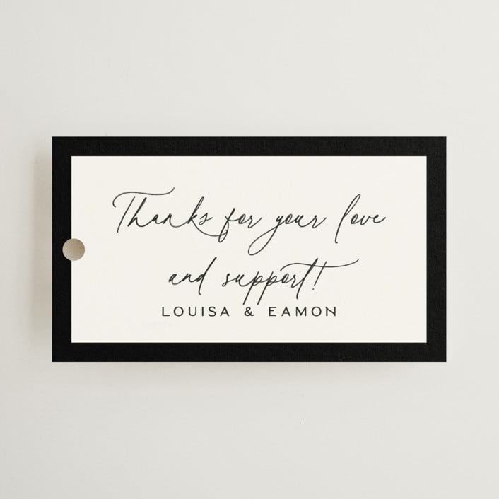 "Dashing Script" - Rehearsal Dinner Favor Tags in Peppercorn by Olivia Raufman - Front
