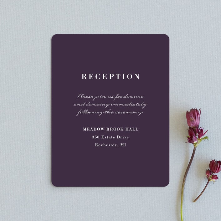 "Evening Bloom" - Reception Cards in Eggplant by Snow and Ivy - Front
