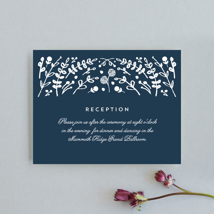 "Floral Frame Square" - Reception Cards in Navy by Lori Wemple - Front