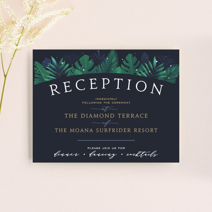 "Paradise" - Reception Cards in Midnight Ocean by GeekInk Design - Front