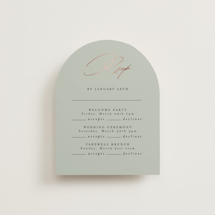 "Gilded Script" - Foil-Pressed Multi-Event RSVP Cards in Sage by Angela Thompson - Front