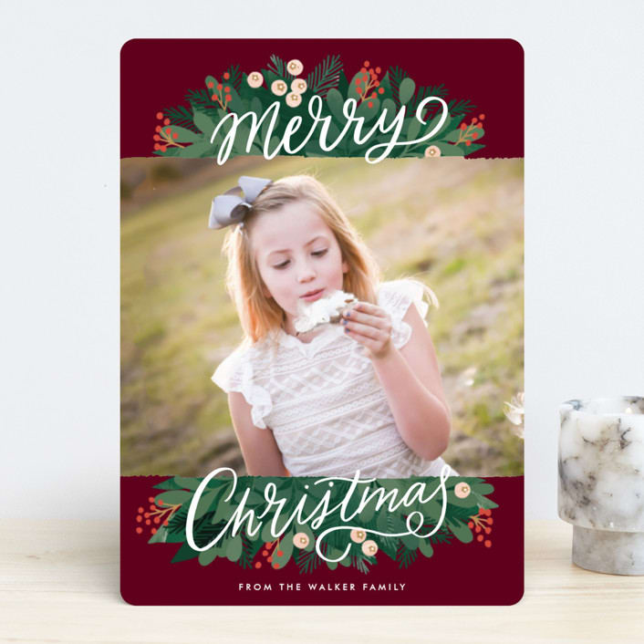 "Scripted Foliage Frame" - Retired Holiday Cards in Wine by Alethea and Ruth - Front
