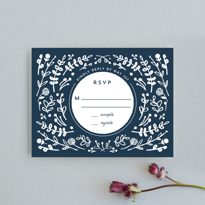 "Floral Frame Square" - RSVP Cards in Navy by Lori Wemple - Front