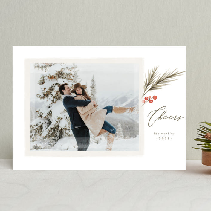 "Berry Sprig" - Retired Holiday Cards in Frosted Evergreen by Wildfield Paper Co - Front