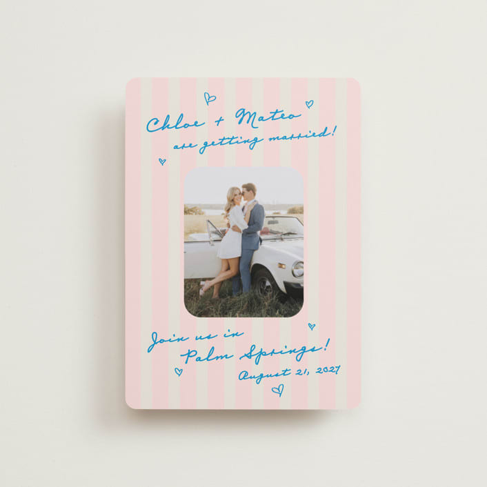 "The Right Stripes" - Save the Dates in Pink Grapefruit by Jackie Crawford - Front