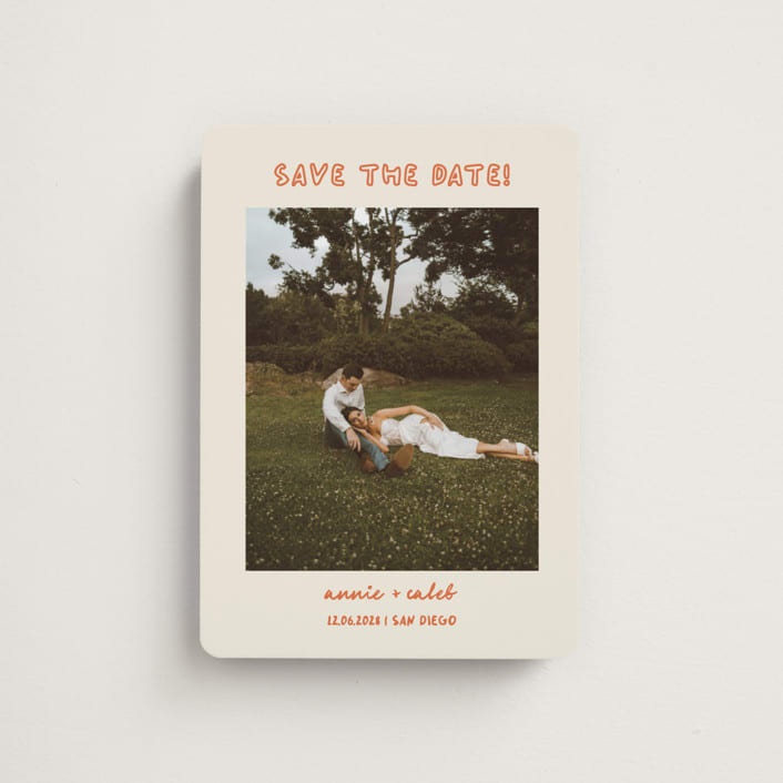 "Modern Outline" - Save the Dates in Hibiscus by Stephanie Heinrich Godbout - Front