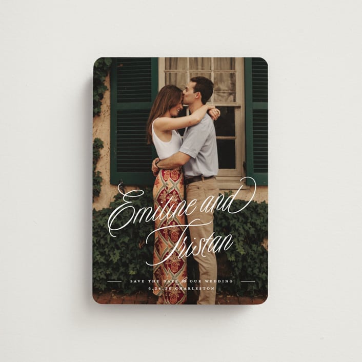 "Sentimental Script" - Save the Dates in Cotton by Susan Zinader - Front