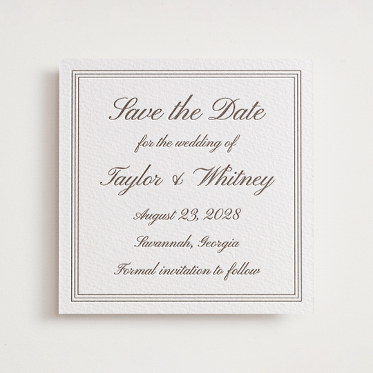 "Love in Script" - Letterpress Save The Dates in Coffee by Cass Loh - One Color