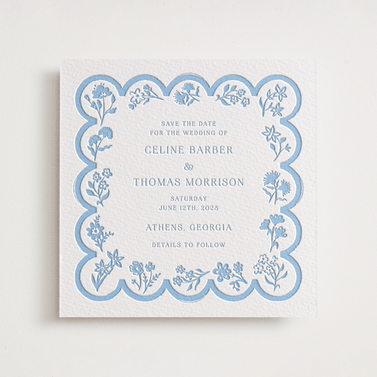 "Petite Jolie" - Letterpress Save The Dates in Sky Blue by Hannah Bowman - One Color