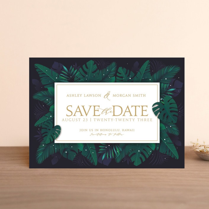 "Paradise" - Save the Dates in Navy by GeekInk Design - Front