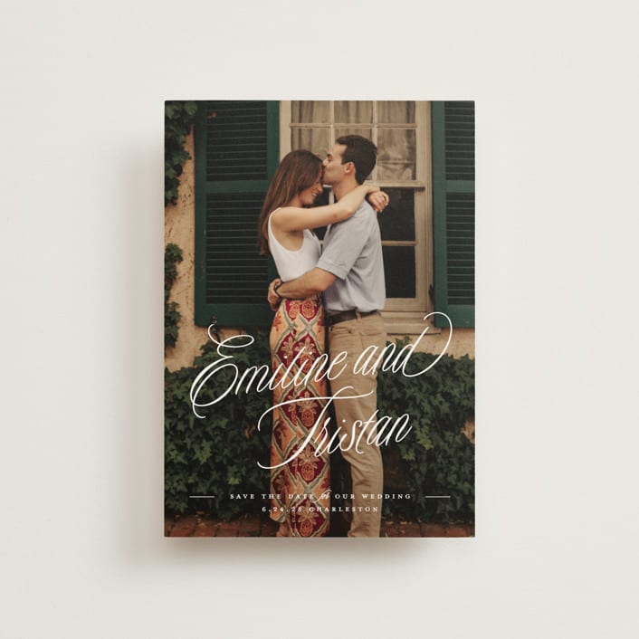 "Sentimental Script" - Save the Dates in Cotton by Susan Zinader - Front