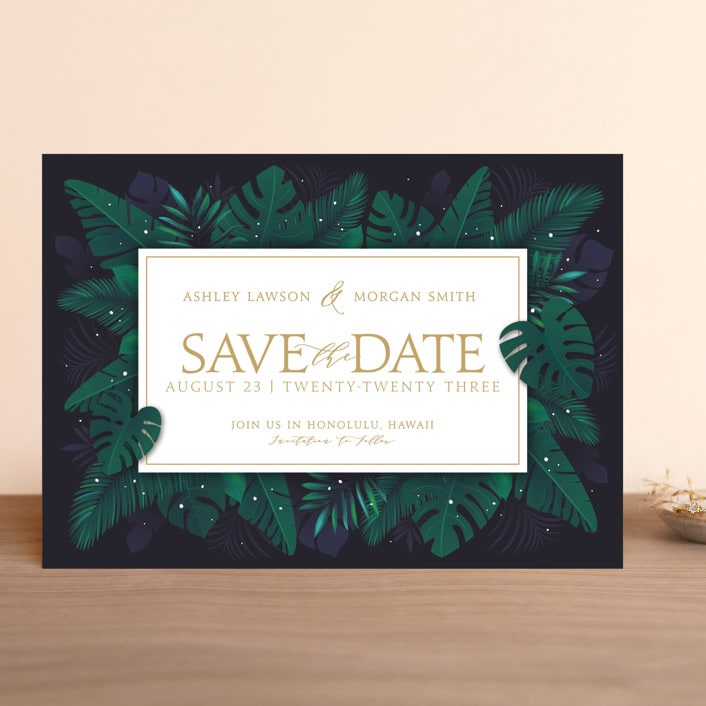 "Paradise" - Save the Dates in Navy by GeekInk Design - Front