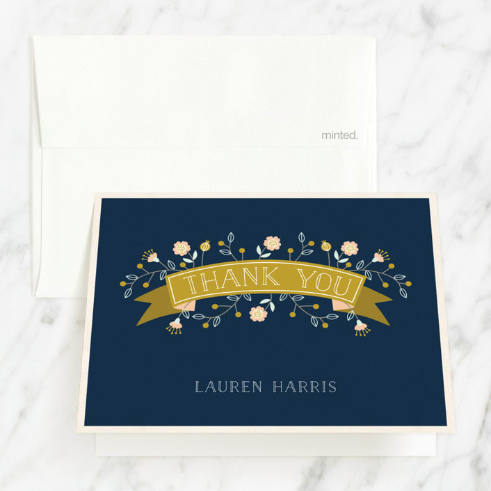"Floral Banner" - Sweet Sixteen Party Thank You Cards in Midnight by Nam Bourassa - Front