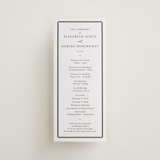 "Bevel" - Letterpress Long Programs in Moss by Megan Davis - Front
