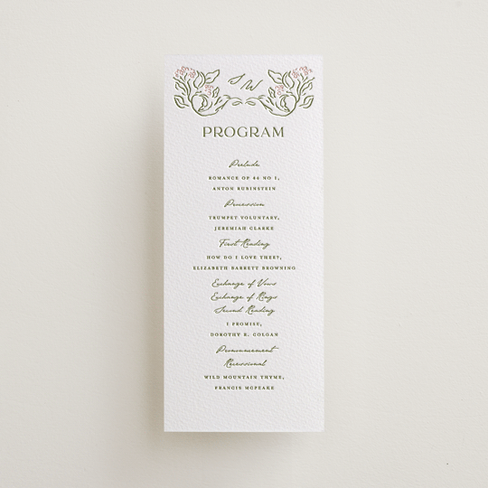 "Sketched Foliage" - Letterpress Long Programs in Pistachio by Susan Zinader - Front