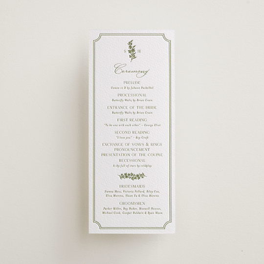 "Simply Elegant" - Letterpress Long Programs in Pistachio by Yaling Hou Suzuki - Front