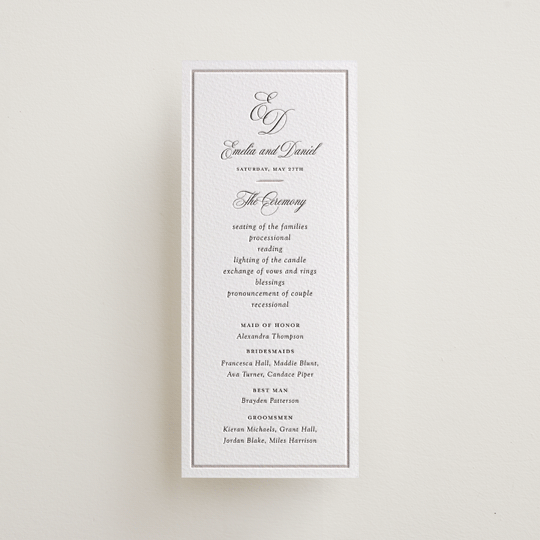 "Royal" - Letterpress Long Programs in Soft Black by Melinda Denison - Front