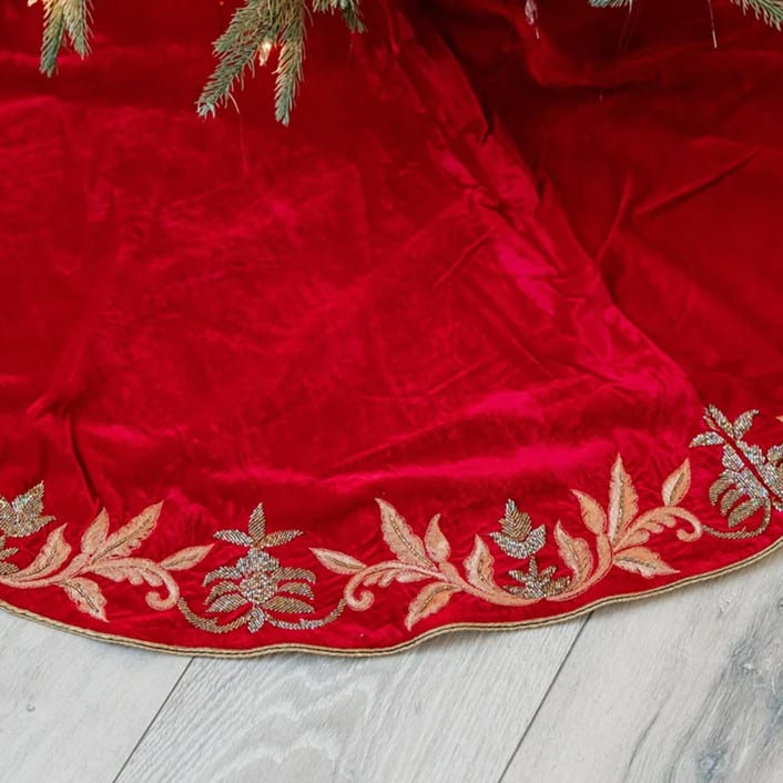 "Standard Size Red velvet gold embroidered tree skirt Christmas Holiday gift" - Tree Skirts in red by Courtney Bedi