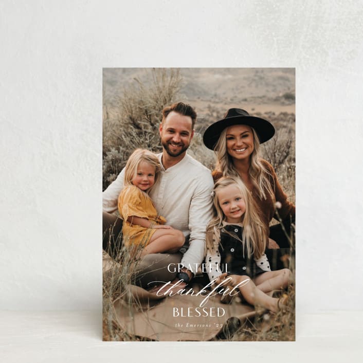 "Grateful Thankful Blessed" - Thanksgiving Cards in Snow by Emily Betts - Front