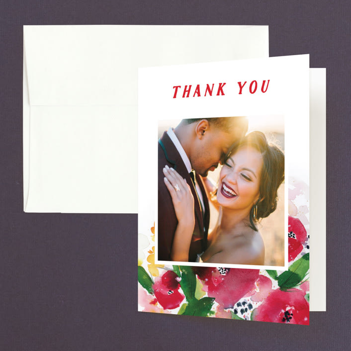 "Festive Floral" - Wedding Thank You Cards in Rose by Lindsay Megahed - Front