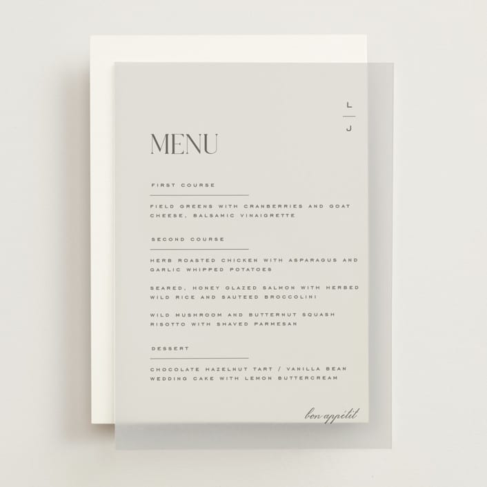 "Clarity" - Vellum Menus in Charcoal by Heather Cairl - Front