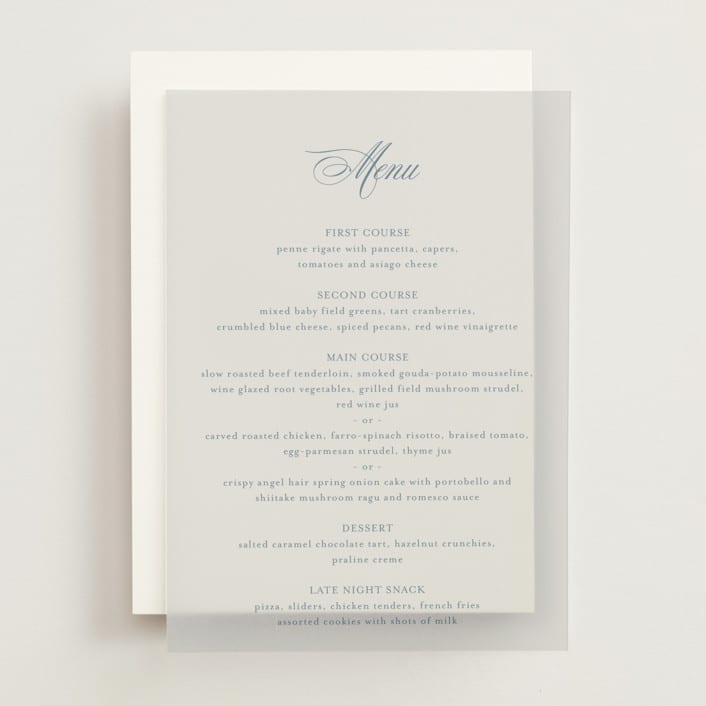 "Empire" - Vellum Menus in Dusty Blue by Jennifer Postorino - Front