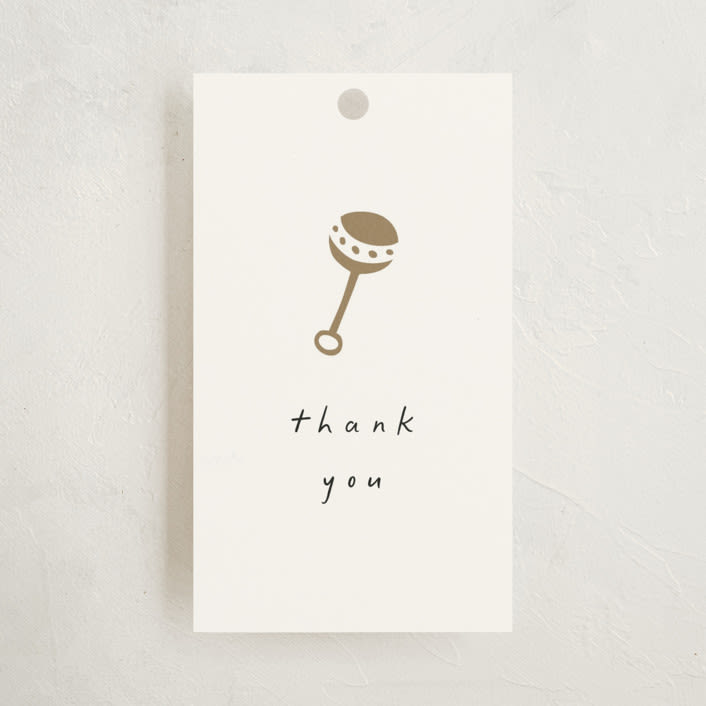 "Gold Rattle" - Baby Shower Favor Tags in Cotton by Stacy Maalouf - Front
