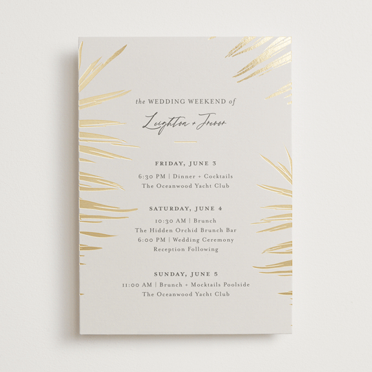 "Gilded Palm" - Wedding Weekend Itinerary Cards in Sand by Melinda Denison - Front