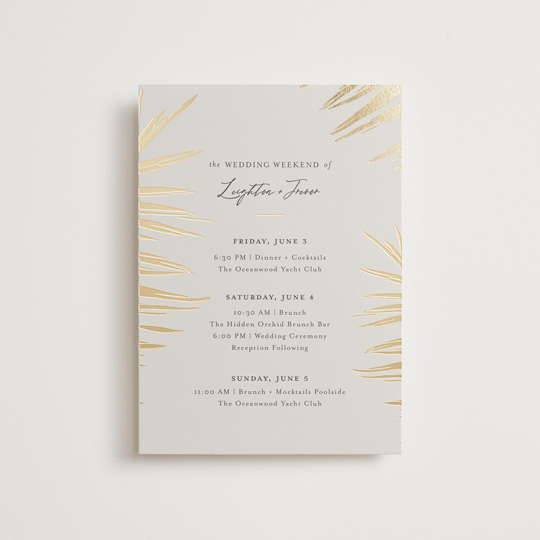 "Gilded Palm" - Wedding Weekend Itinerary Cards in Sand by Melinda Denison - Front