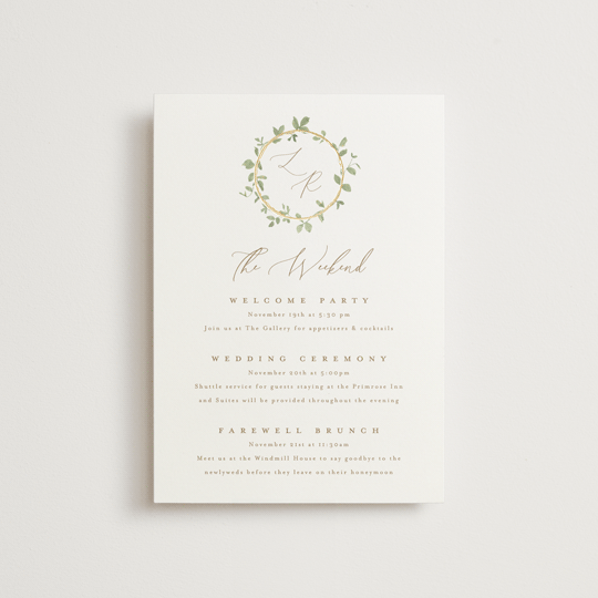 "Canopy" - Wedding Weekend Itinerary Cards in Ivy by Everett Paper Goods - Front