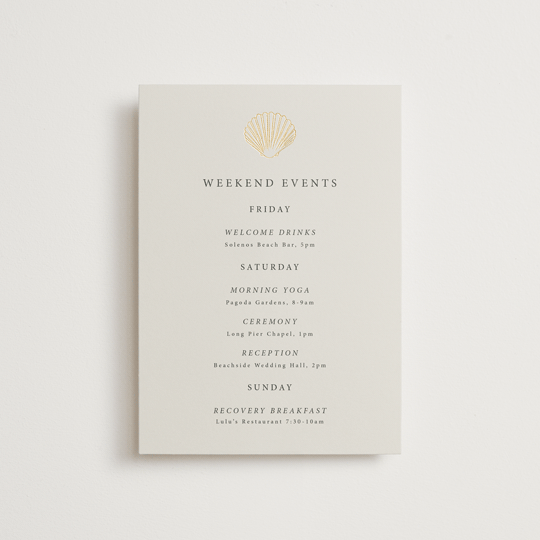 "Simple Seashell" - Wedding Weekend Itinerary Cards in Sand by Hannah Bowman - Front