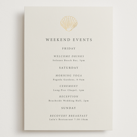 "Simple Seashell" - Wedding Weekend Itinerary Cards in Sand by Hannah Bowman - Front