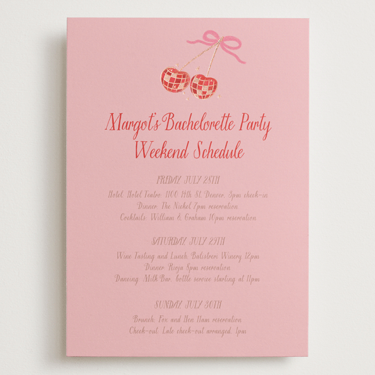 "Mon Cheri" - Wedding Weekend Itinerary Cards in Cherry Blossom by Jenna Holcomb - Front