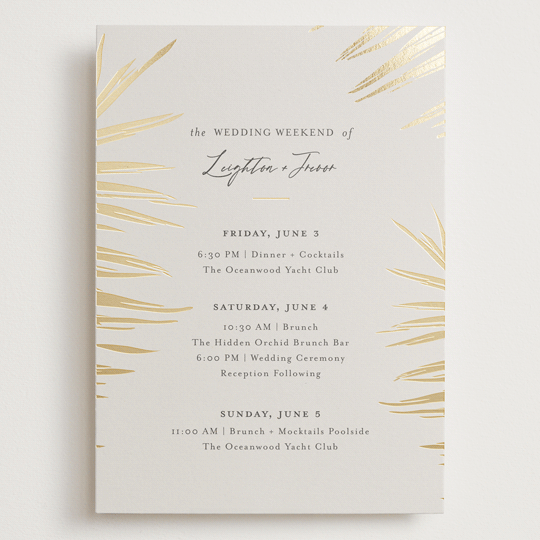 "Gilded Palm" - Wedding Weekend Itinerary Cards in Sand by Melinda Denison - Front
