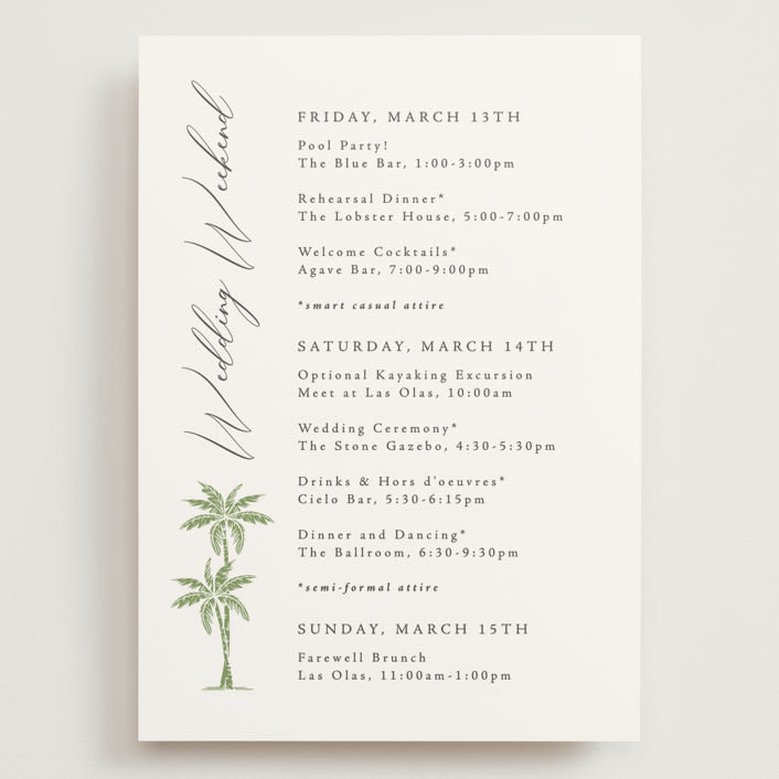 "Palm Monogram" - Wedding Weekend Itinerary Cards in Leaf by Olivia Raufman - Front