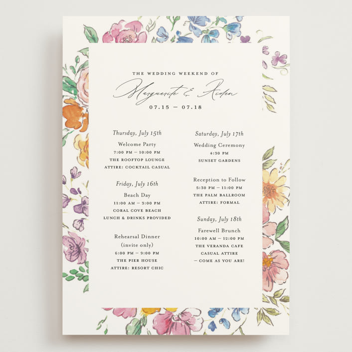 "Floral Pop" - Wedding Weekend Itinerary Cards in Tropical by Itsy Belle Studio - Front