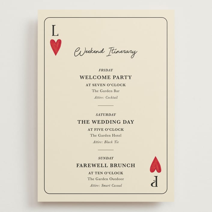 "Red Hearts" - Wedding Weekend Itinerary Cards in Champagne by Helena Vitto - Front