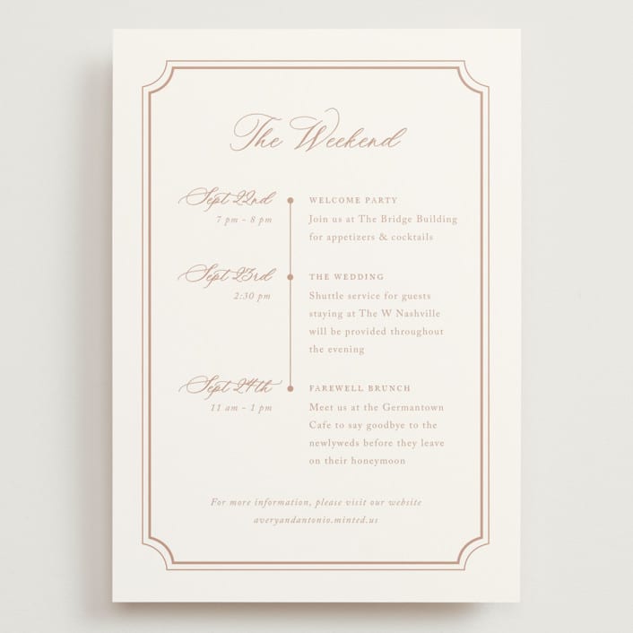 "Avery" - Wedding Weekend Itinerary Cards in Dusty Pink by Jennifer Postorino - Front