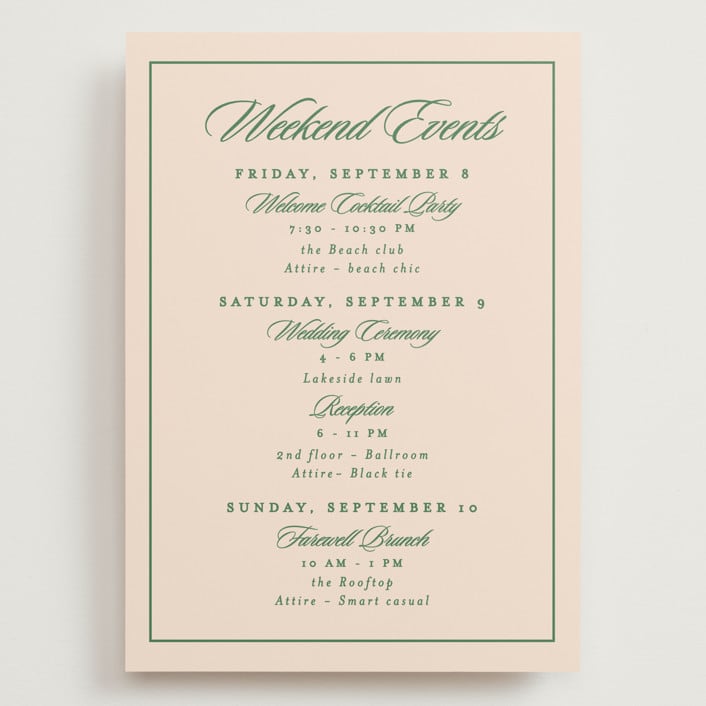 "Scripted" - Wedding Weekend Itinerary Cards in Emerald by Creo Study - Front