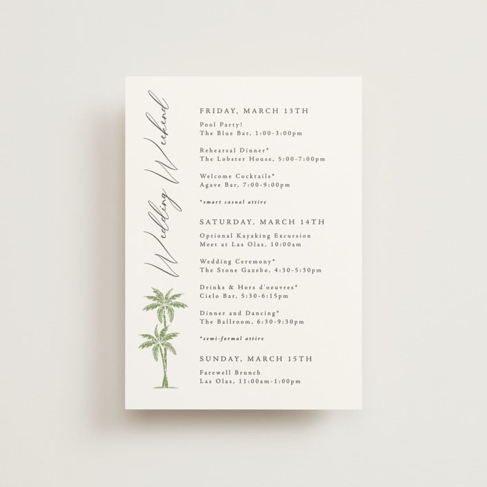 "Palm Monogram" - Wedding Weekend Itinerary Cards in Leaf by Olivia Raufman - Front