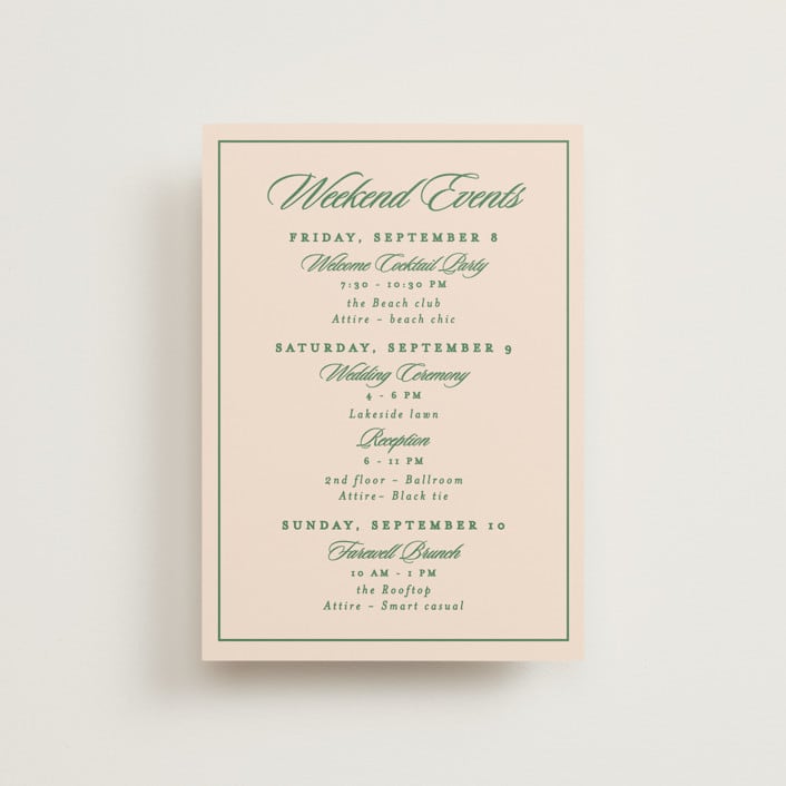 "Scripted" - Wedding Weekend Itinerary Cards in Emerald by Creo Study - Front