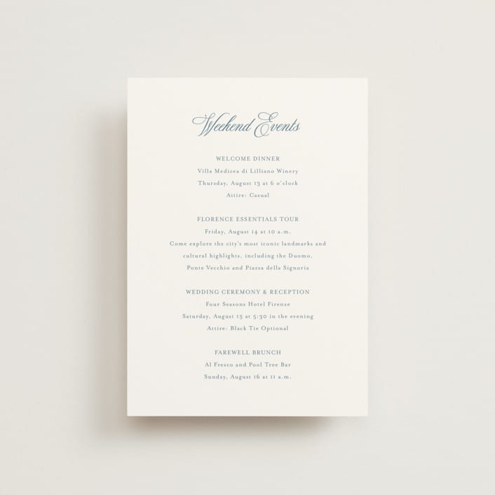 "Empire" - Wedding Weekend Itinerary Cards in Dusty Blue by Jennifer Postorino - Front