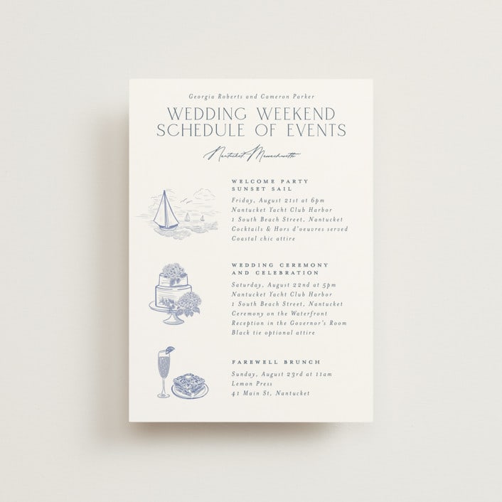 "Coastal Toile" - Wedding Weekend Itinerary Cards in Periwinkle by Jenna Holcomb - Front